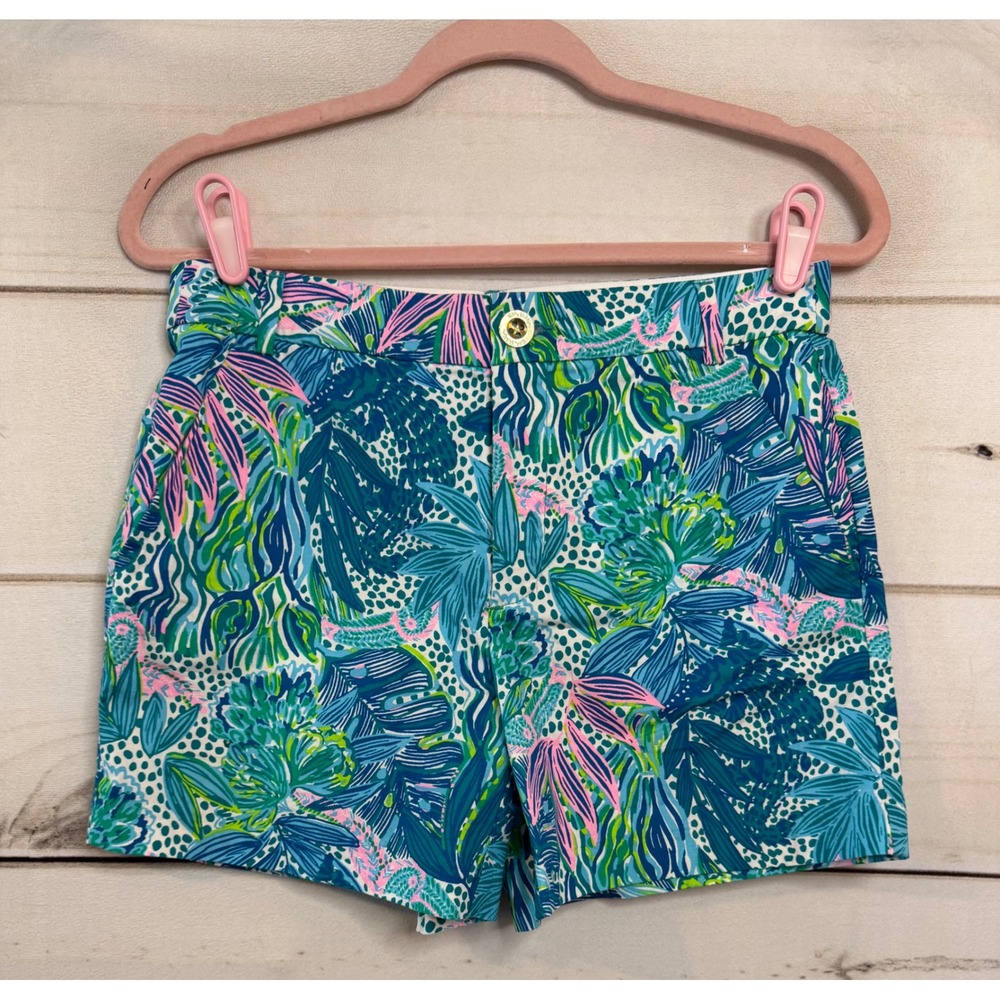 Lilly Pulitzer Callahan Shorts Womens 4 Blue Green Pink Tropical Floral Leaf